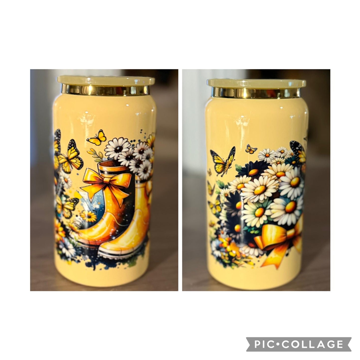 Sunny Daisy Rain Boots Glass Can 16oz Aesthetic Drinkware | Floral Butterfly Cup with Lid | Cute Spring/Summer Iced Coffee Glass